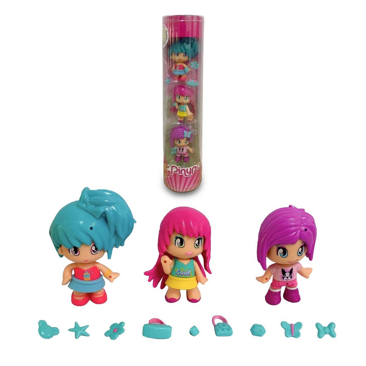 Pack 3 Muñecas En Tubo Pinypon - Cabello Azul